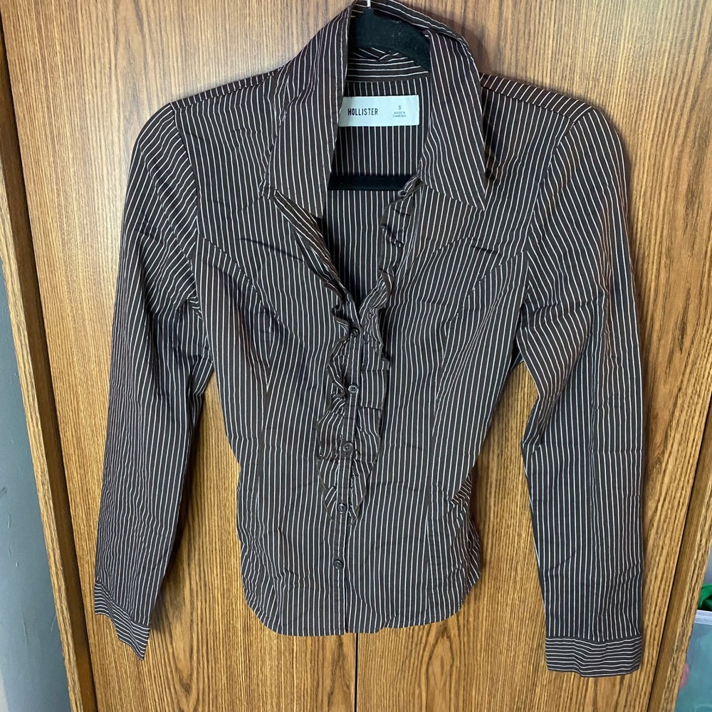 Hollister Ruffle Button Down Shirt Womens Small Brown White Striped Tie Back Y2K